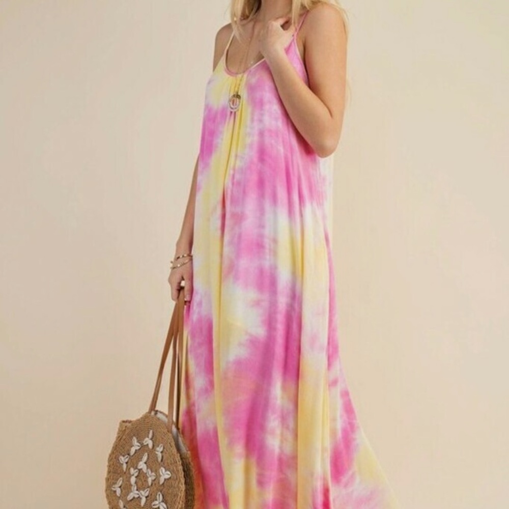 Boho Pink and Yellow Tie-Dye Maxi Dress - Picture 3 of 8